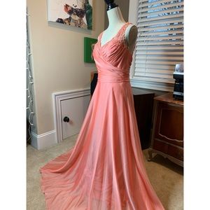 Iridescent Coral Gown with Lace derailing